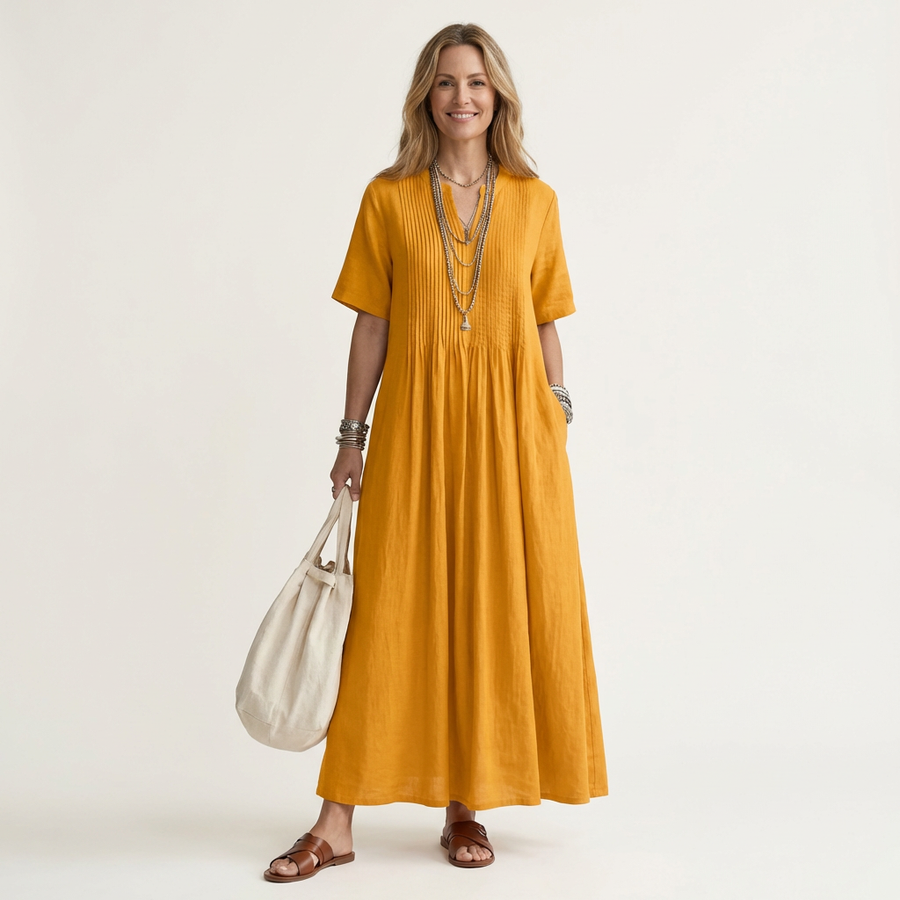 Calea | Pintuck V-Neck Cotton-Linen Maxi Dress